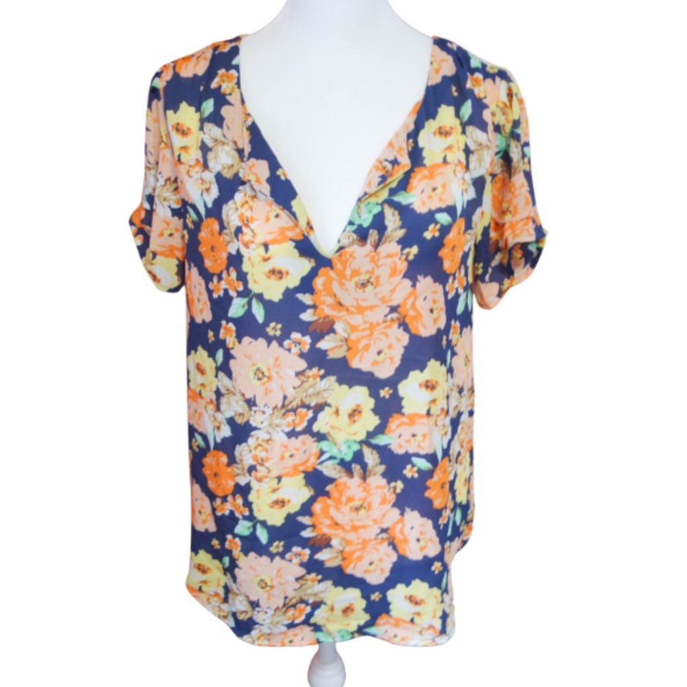 Daniel Rainn Short Sleeve Blouse Blue with Orange Floral Print Size Small